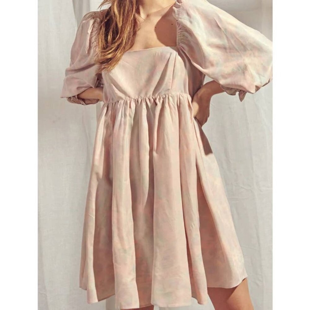 Storia Puff Sleeve Babydoll Dress  Ruffle Pink Blue Women Size L